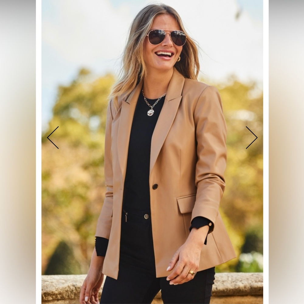 Sosandar Single Breasted Leather Look Blazer Tan
